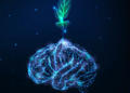 Futuristic growing mindset concept with glowing low polygonal green plant growing from human brain isolated on dark blue background. Modern wireframe design vector illustration